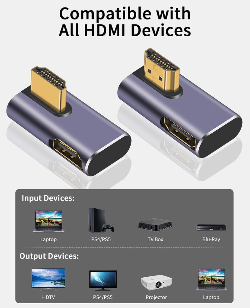Poyiccot 8K HDMI 90 Degree Adapter, 270 Degree Left and Right Angle HDMI 2.1 Adapter, Male to Female Extender, 48Gbps, 8K@60Hz for HDTV Laptop PS5 Xbox, 2-Pack - Image 2